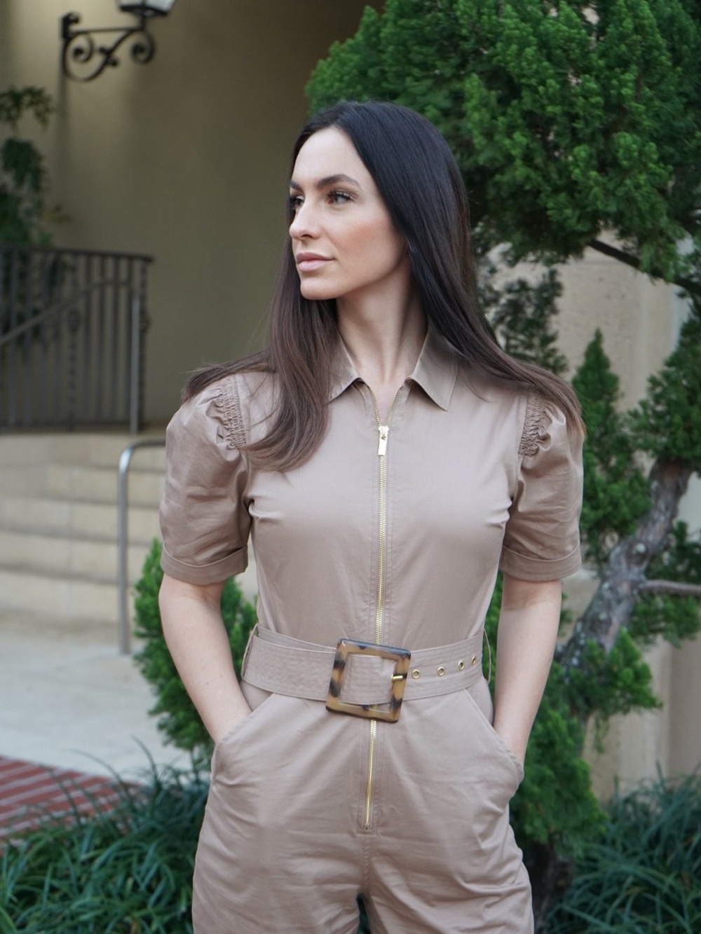WeWoreWhat Taupe Short-Sleeve Belted Jumpsuit - Picture 3 of 6